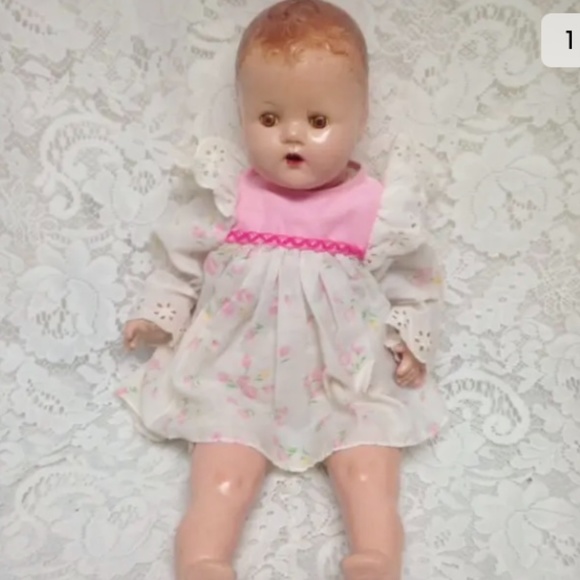 1930s 20-inch Composition Doll with White and Pink Dress